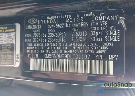 2013 Hyundai Santa Fe Gls из США, поврежденный, VIN KM8SNDHF9DU001197